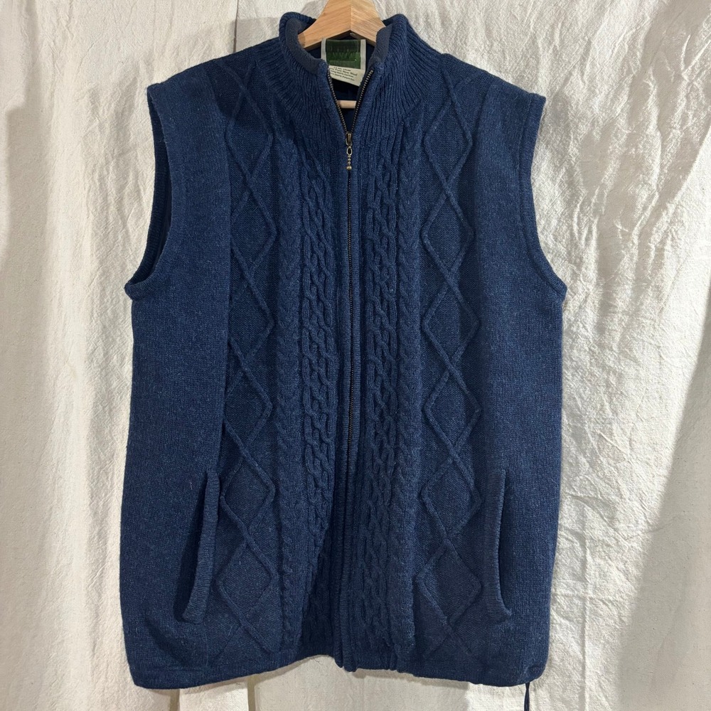Aran Woollen Mills Mens Navy Blue Pure New Wool Cable Knit Full Zip Vest Lined